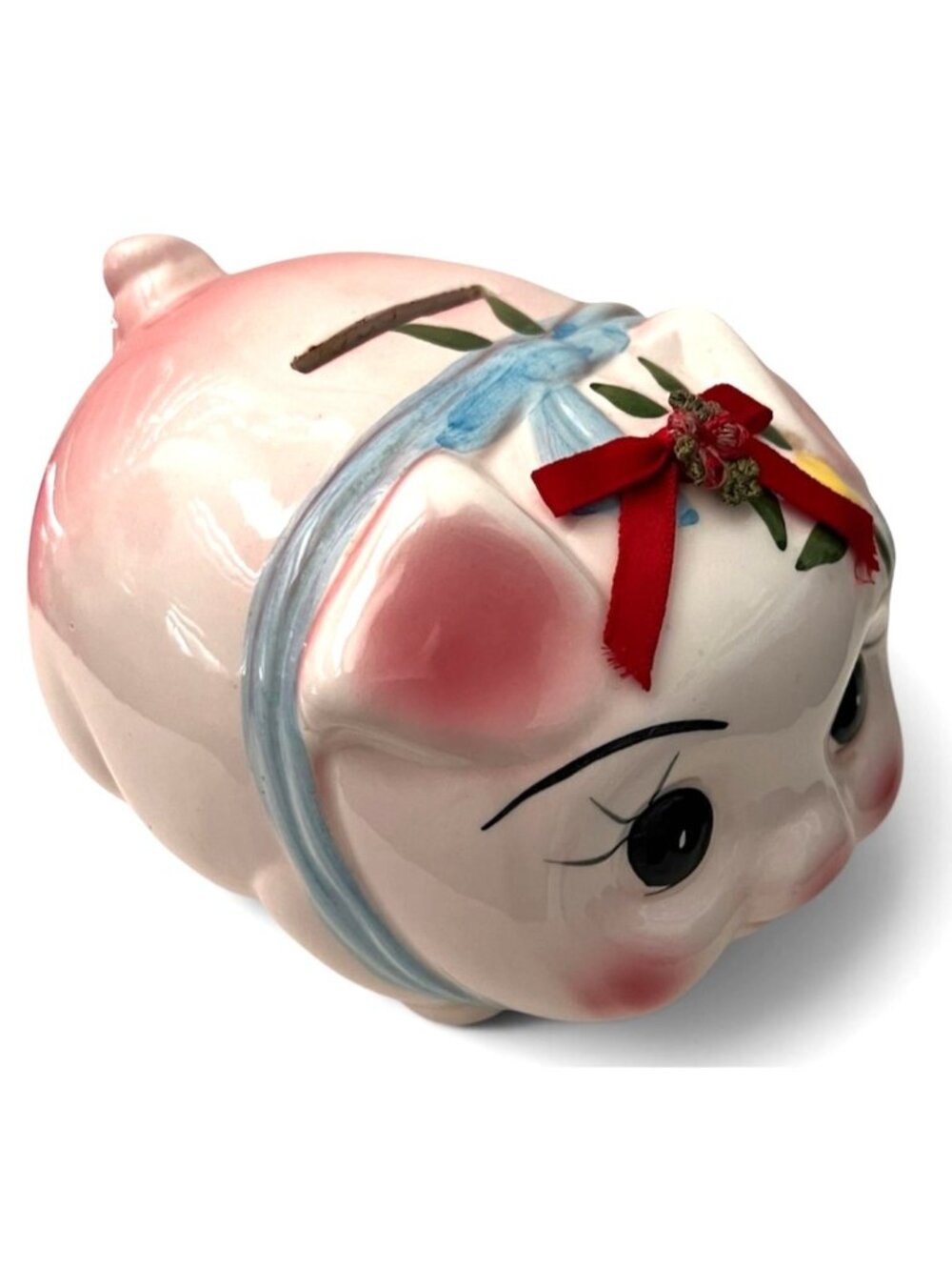 VTG Ceramic Chubby Pig Red Ribbon Coin Piggy MOney Bank Kawaii Figurine Art Deco